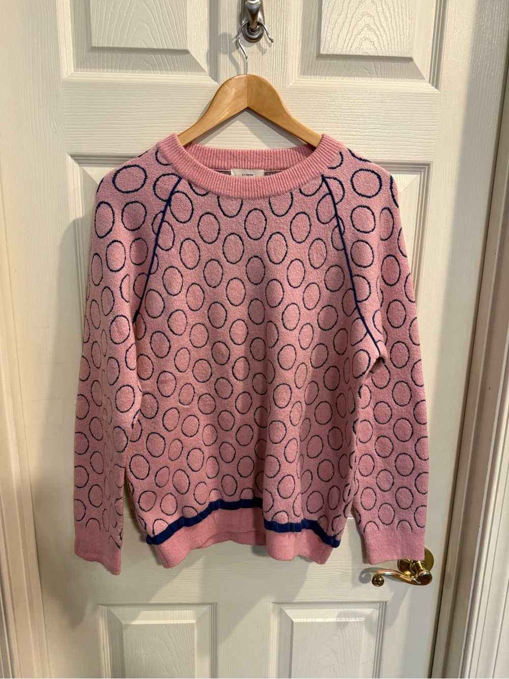 Pink Crewneck Sweater with Navy Polka Detail